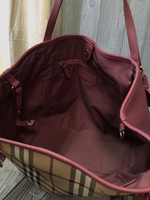 Burberry Haymarket Canter Panel Bow Tote Small Raspberry
